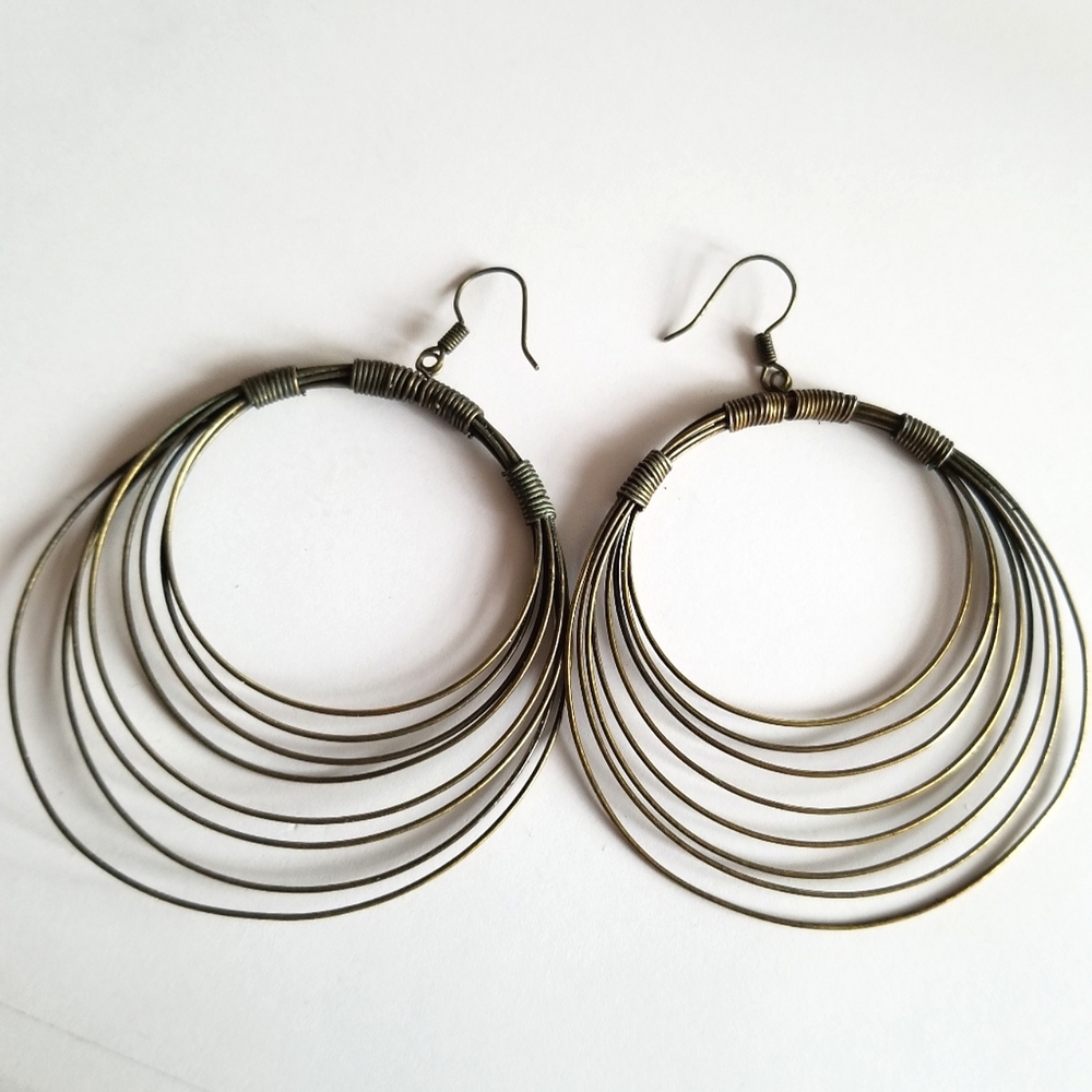 Earrings Big boho hoop earrings dangly concentric circles dark gold tone metal